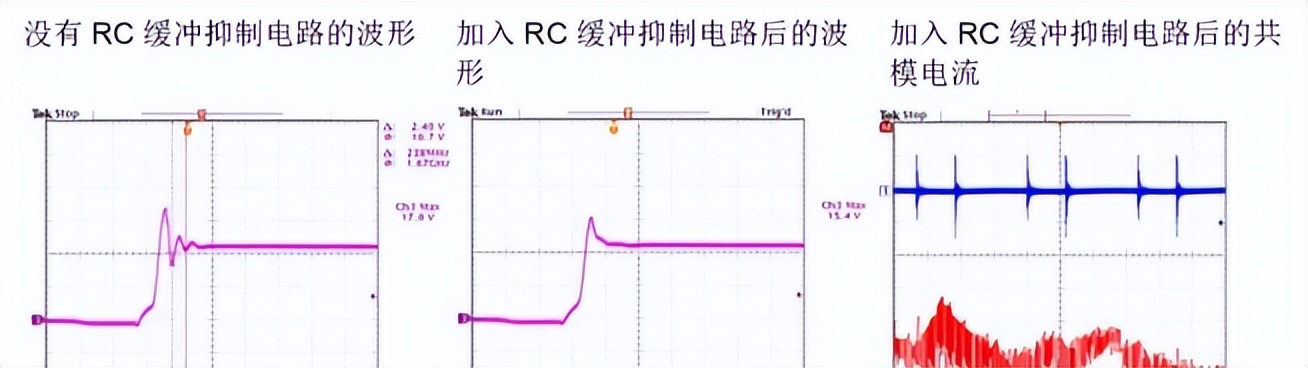 没有RC缓冲抑制和有RC缓冲抑制的波形图