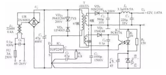 TOP224P构成的12V、20W开关直流稳压电源电路