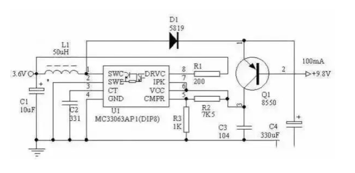 用MC34063做3.6V电转9V电路图