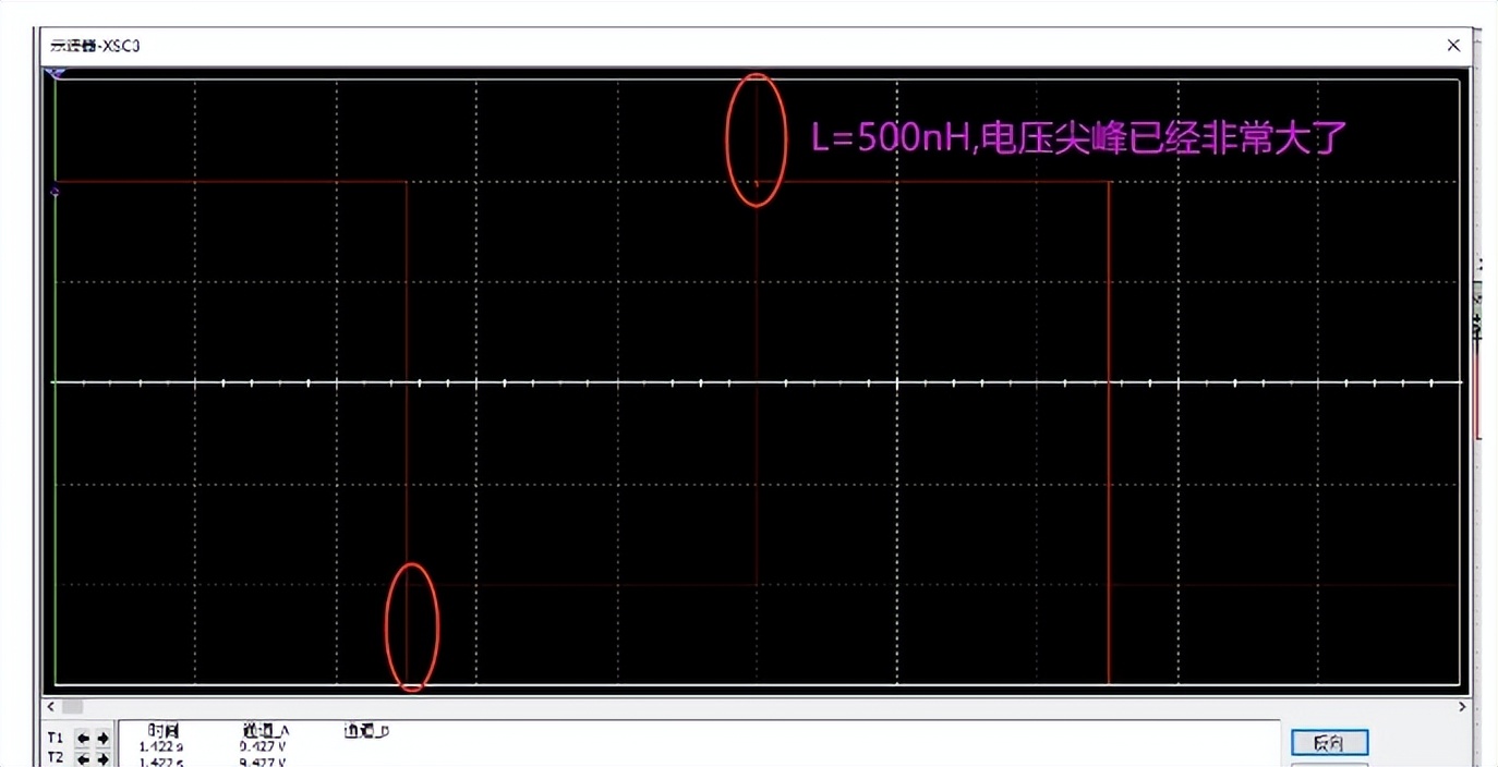 栅极寄生电感L1=500nH对尖峰电压的影响